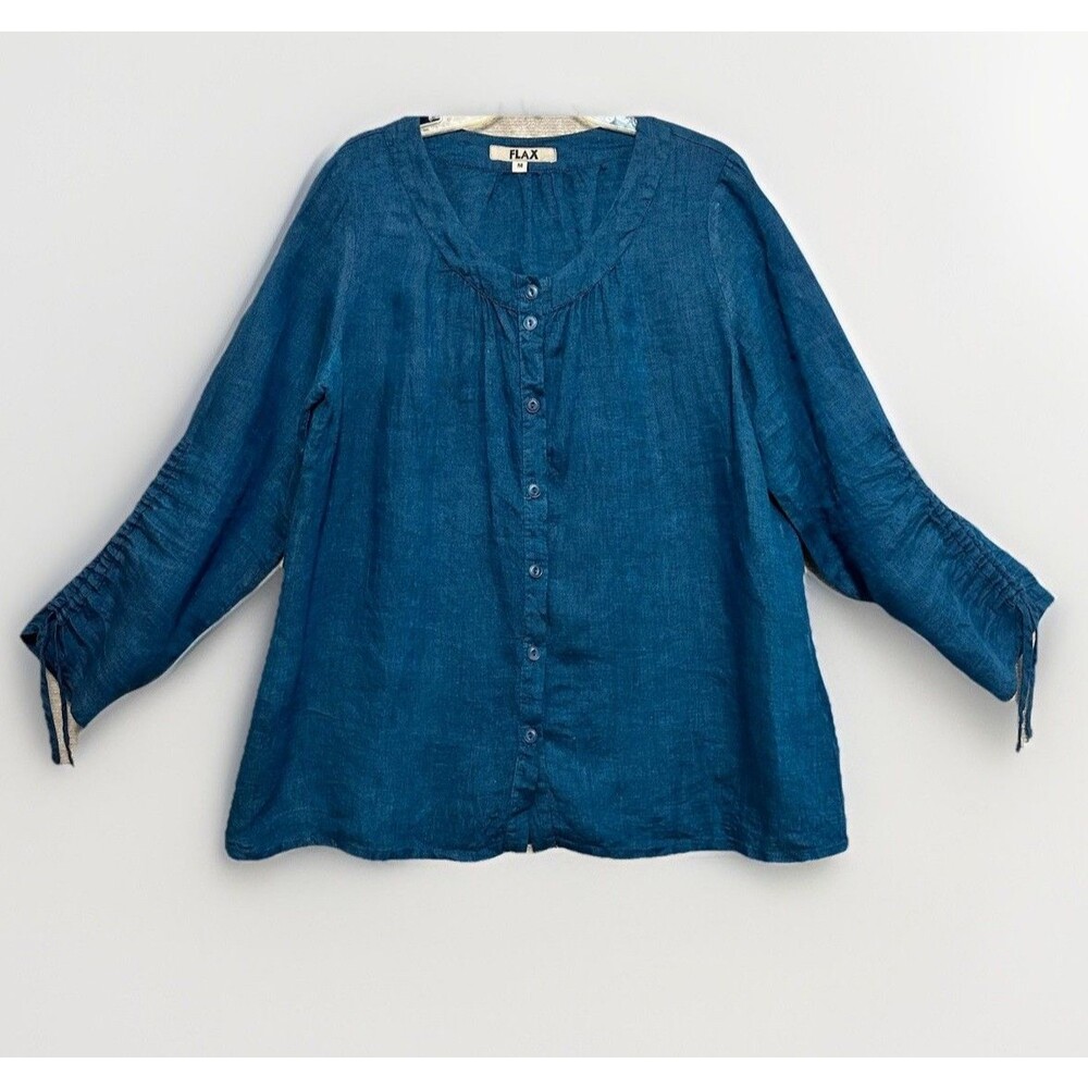 FLAX Tunic Top Medium Blue Ruched Tie Sleeve Oversized Lagenlook Natural Linen